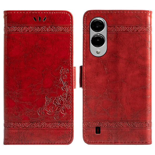For Samsung Galaxy S25 Edge Leather Case Flower Imprint Wallet Phone Cover with Side Buckle - Red