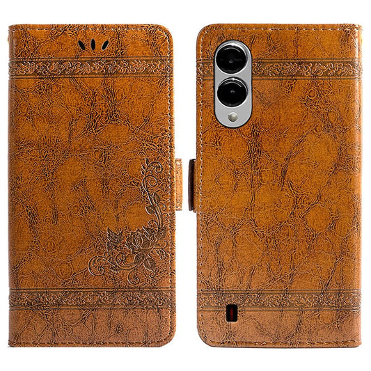 For Samsung Galaxy S25 Edge Leather Case Flower Imprint Wallet Phone Cover with Side Buckle - Brown