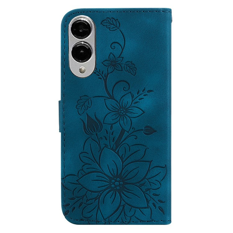 For Samsung Galaxy S25 Edge Case Lily Flower Imprint Leather Phone Cover with Stand - Dark Blue