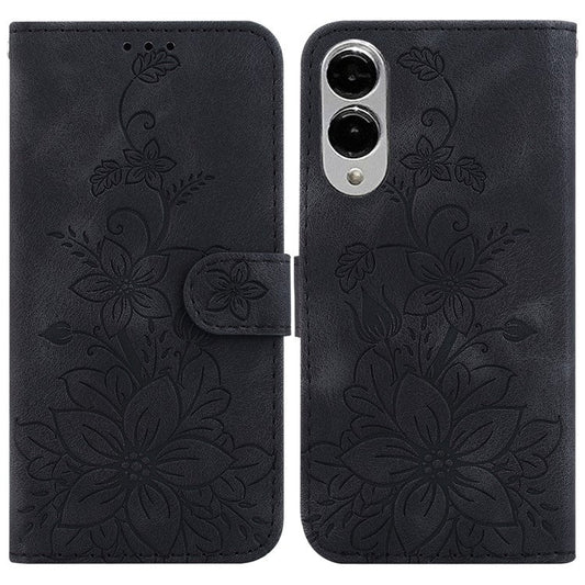 For Samsung Galaxy S25 Edge Case Lily Flower Imprint Leather Phone Cover with Stand - Black