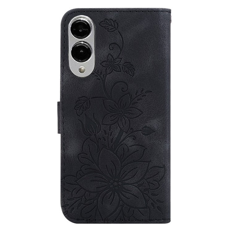 For Samsung Galaxy S25 Edge Case Lily Flower Imprint Leather Phone Cover with Stand - Black
