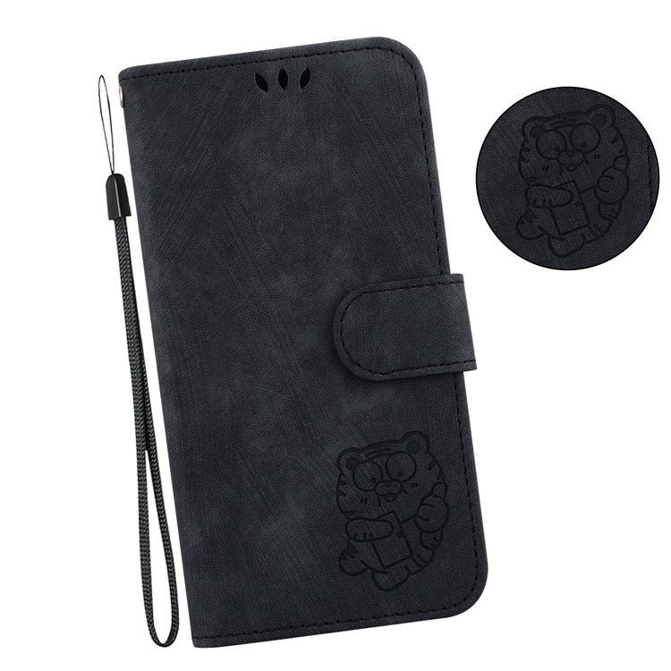 For Samsung Galaxy S25 Edge Wallet Case Tiger Imprint Leather Shockproof Phone Cover - Black
