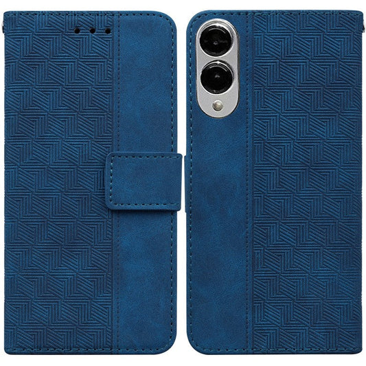For Samsung Galaxy S25 Edge Case Geometry Pattern Leather Wallet Phone Cover with Wrist Strap - Blue