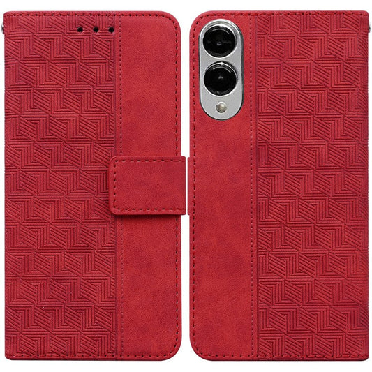 For Samsung Galaxy S25 Edge Case Geometry Pattern Leather Wallet Phone Cover with Wrist Strap - Red