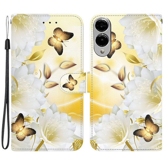For Samsung Galaxy S25 Edge Wallet Phone Case Anti-Drop Leather Flip Cover Pattern Printing - Gold Butterfly Flower