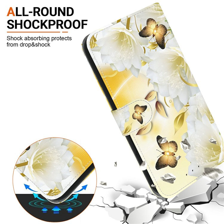 For Samsung Galaxy S25 Edge Wallet Phone Case Anti-Drop Leather Flip Cover Pattern Printing - Gold Butterfly Flower