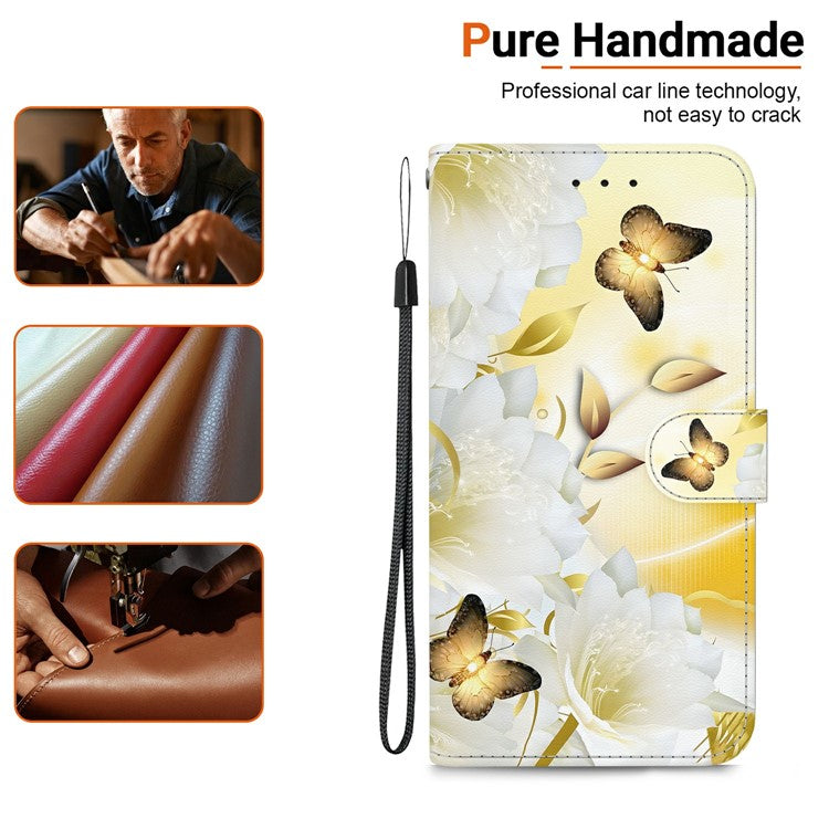 For Samsung Galaxy S25 Edge Wallet Phone Case Anti-Drop Leather Flip Cover Pattern Printing - Gold Butterfly Flower