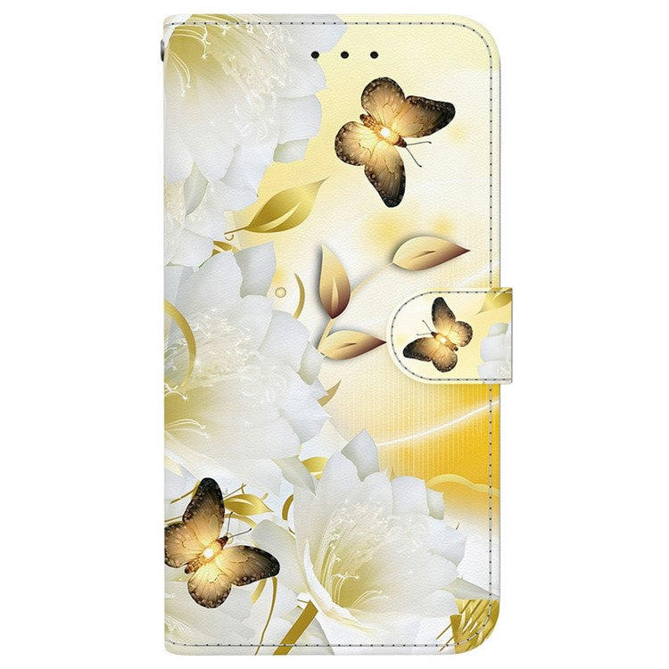 For Samsung Galaxy S25 Edge Wallet Phone Case Anti-Drop Leather Flip Cover Pattern Printing - Gold Butterfly Flower