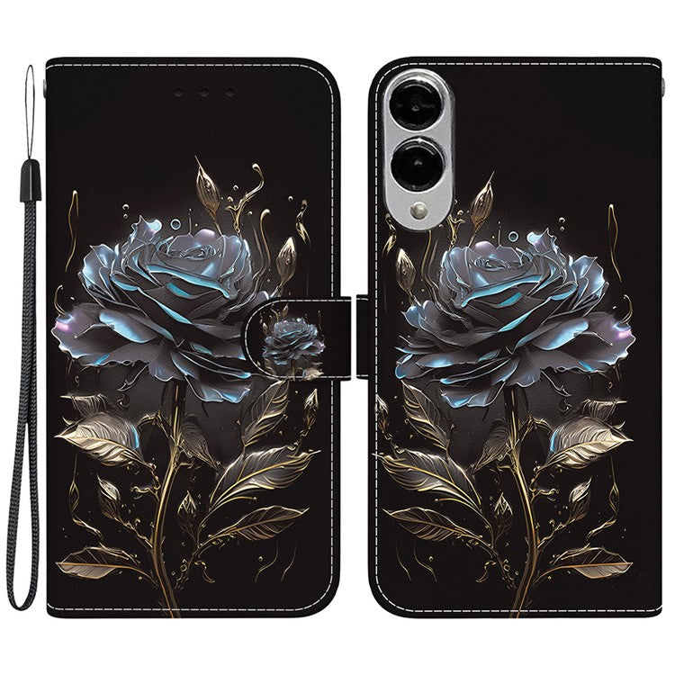For Samsung Galaxy S25 Edge Wallet Phone Case Anti-Drop Leather Flip Cover Pattern Printing - Black Rose