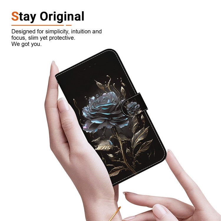 For Samsung Galaxy S25 Edge Wallet Phone Case Anti-Drop Leather Flip Cover Pattern Printing - Black Rose