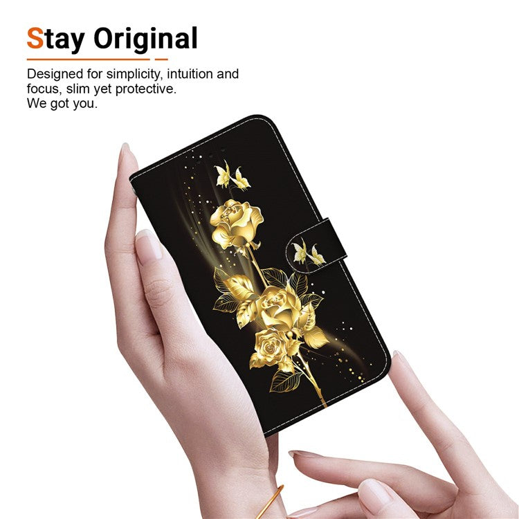 For Samsung Galaxy S25 Edge Wallet Phone Case Anti-Drop Leather Flip Cover Pattern Printing - Gold Butterfly Rose