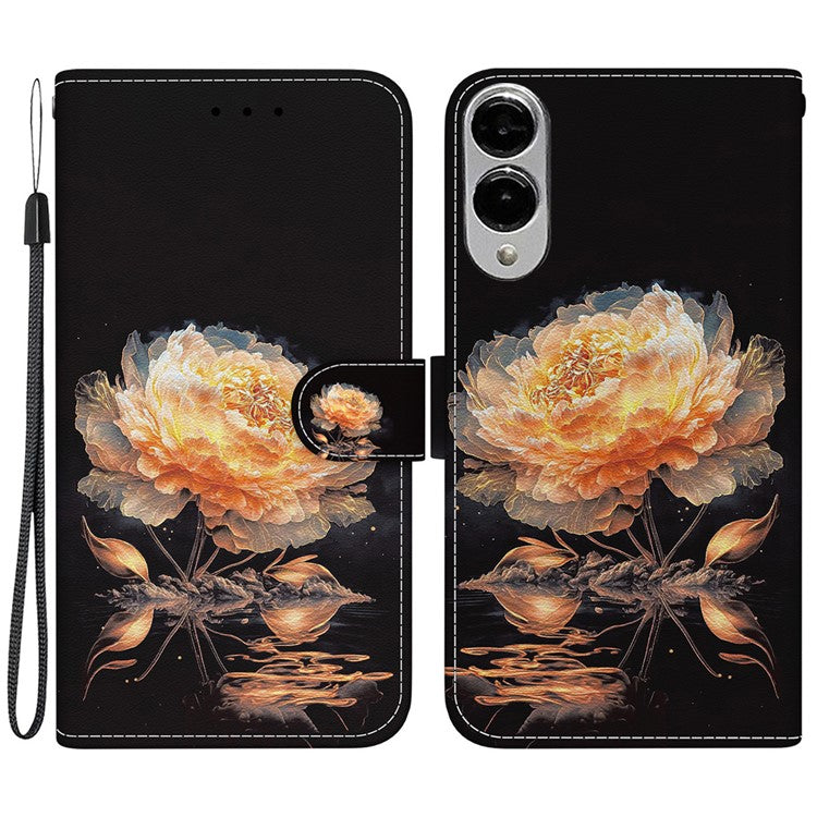 For Samsung Galaxy S25 Edge Wallet Phone Case Anti-Drop Leather Flip Cover Pattern Printing - Gold Peony