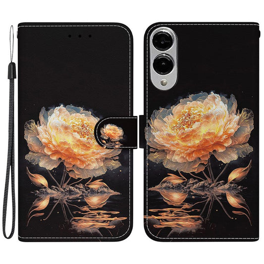 For Samsung Galaxy S25 Edge Wallet Phone Case Anti-Drop Leather Flip Cover Pattern Printing - Gold Peony