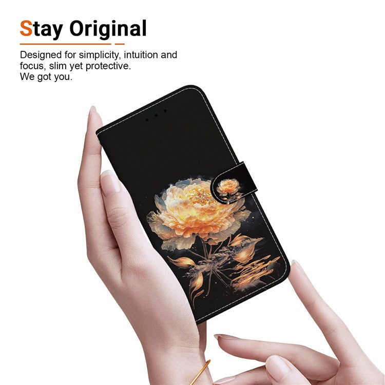For Samsung Galaxy S25 Edge Wallet Phone Case Anti-Drop Leather Flip Cover Pattern Printing - Gold Peony