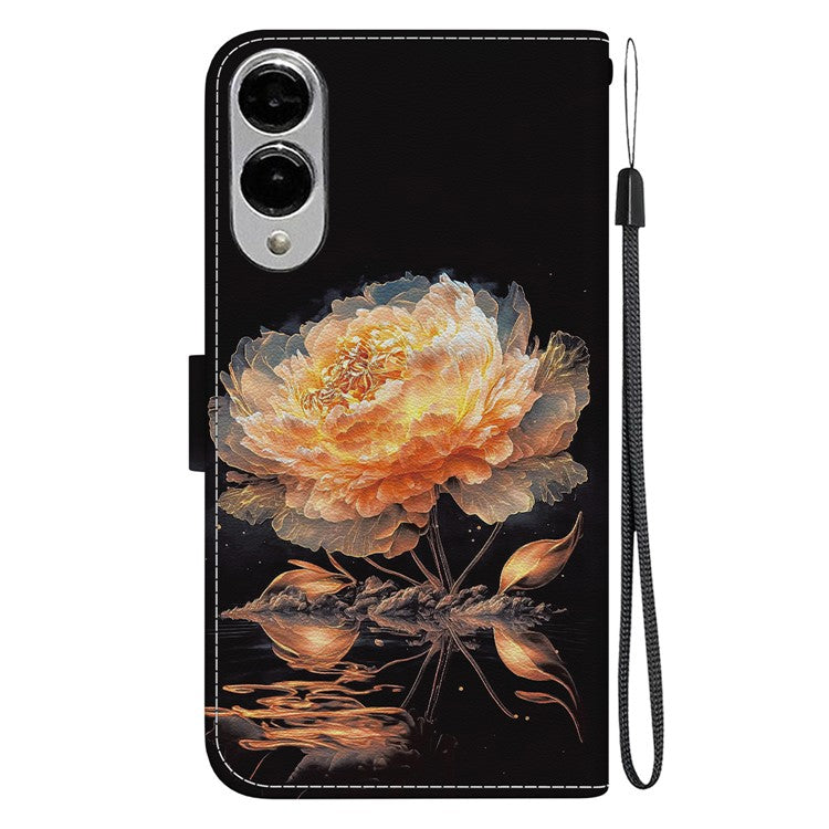 For Samsung Galaxy S25 Edge Wallet Phone Case Anti-Drop Leather Flip Cover Pattern Printing - Gold Peony