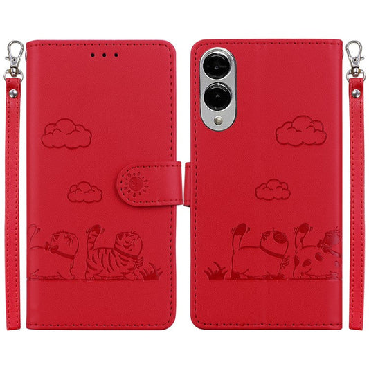 For Samsung Galaxy S25 Edge Case RFID Blocking Kitten Pattern TPU + PU Leather Phone Cover - Red