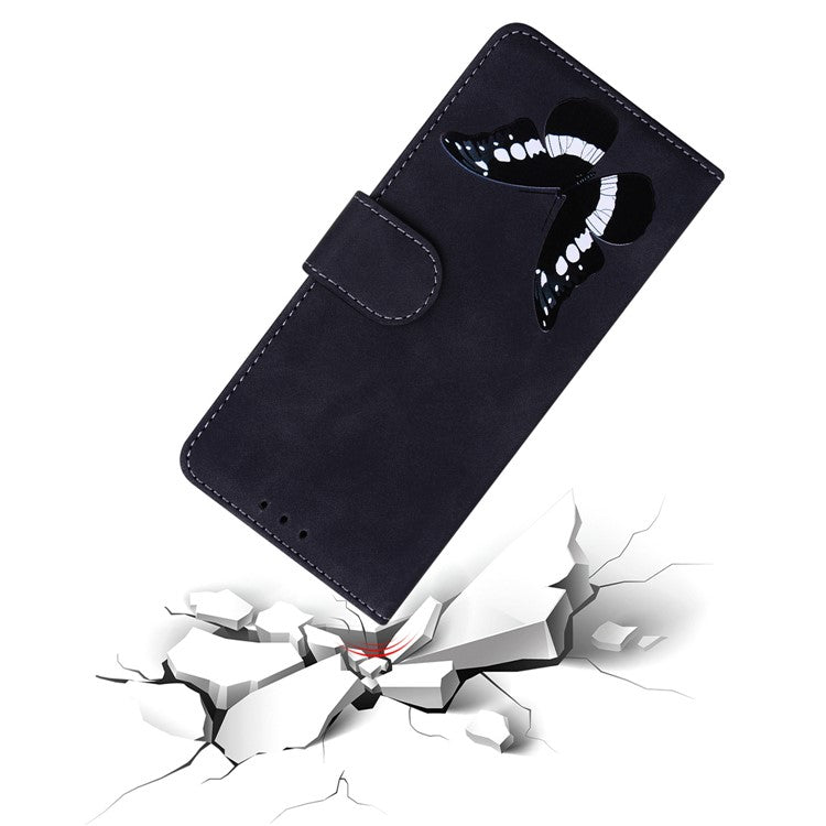 For Samsung Galaxy S25 Edge Stand Case PU Leather Phone Cover Butterfly Printed - Black