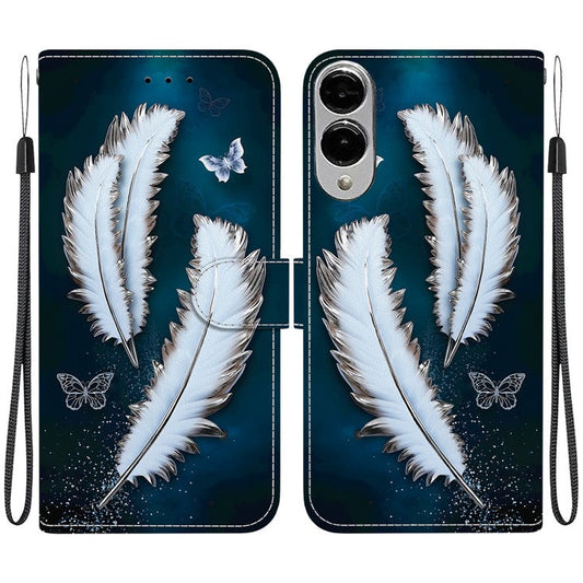 For Samsung Galaxy S25 Edge Case Pattern Printing Anti-Drop Leather Flip Wallet Phone Cover with Lanyard - White Butterfly Feather