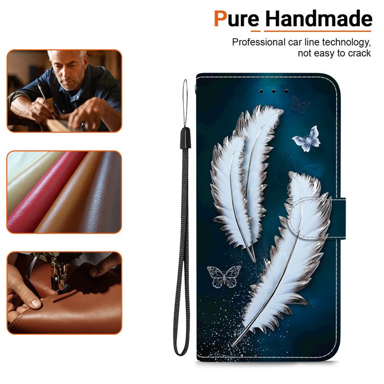 For Samsung Galaxy S25 Edge Case Pattern Printing Anti-Drop Leather Flip Wallet Phone Cover with Lanyard - White Butterfly Feather
