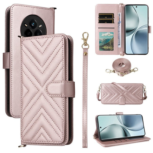 For Realme 14 Pro 5G Case with Shoulder Strap Wallet Leather Phone Cover - Pink