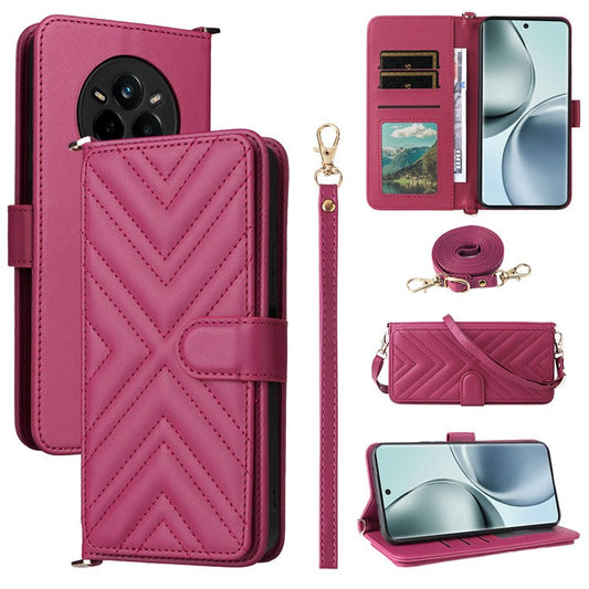For Realme 14 Pro 5G Case with Shoulder Strap Wallet Leather Phone Cover - Rose