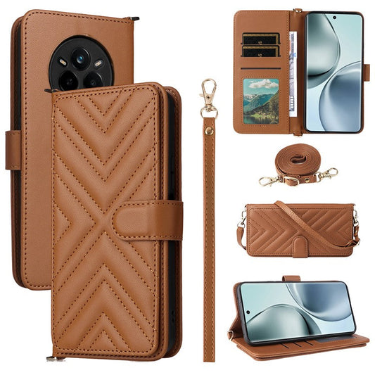 For Realme 14 Pro 5G Case with Shoulder Strap Wallet Leather Phone Cover - Brown