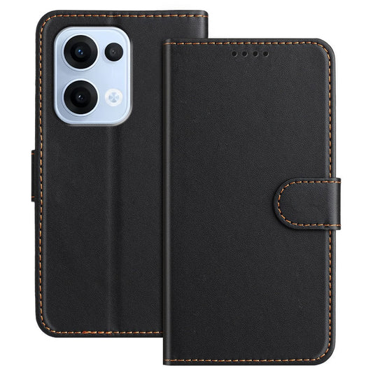 For Oppo Reno13 5G (Global) Leather Case Wallet Stand Solid Color Anti Drop Phone Cover - Black