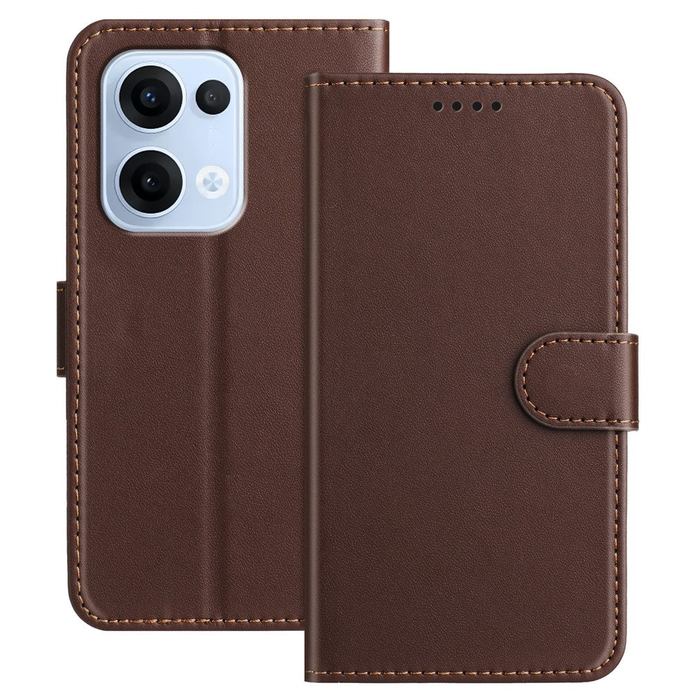 For Oppo Reno13 5G (Global) Leather Case Wallet Stand Solid Color Anti Drop Phone Cover - Brown