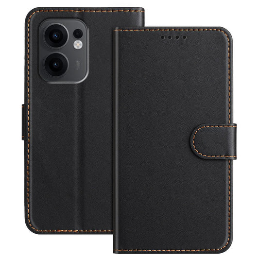 For Oppo Reno13 F 4G / Oppo Reno13 F 5G Leather Case Wallet Stand Solid Color Anti Drop Phone Cover - Black