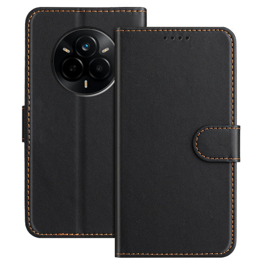 For Realme 14 Pro 5G Leather Case Wallet Stand Solid Color Anti Drop Phone Cover - Black