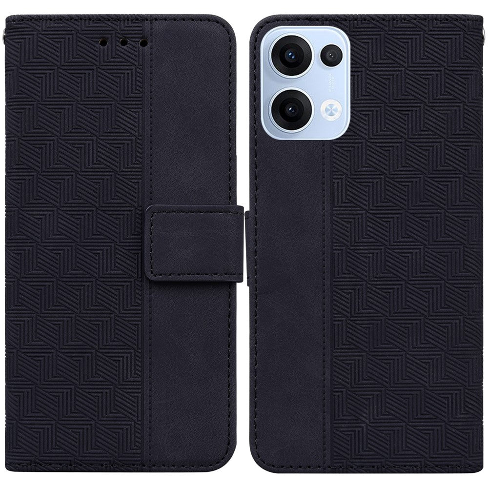 For Oppo Reno13 5G (Global) Case Geometry Pattern Leather Wallet Phone Cover with Wrist Strap - Black