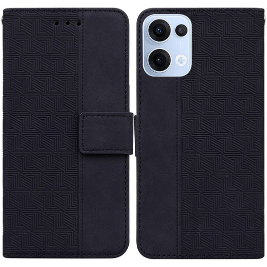 For Oppo Reno13 5G (Global) Case Geometry Pattern Leather Wallet Phone Cover with Wrist Strap - Black