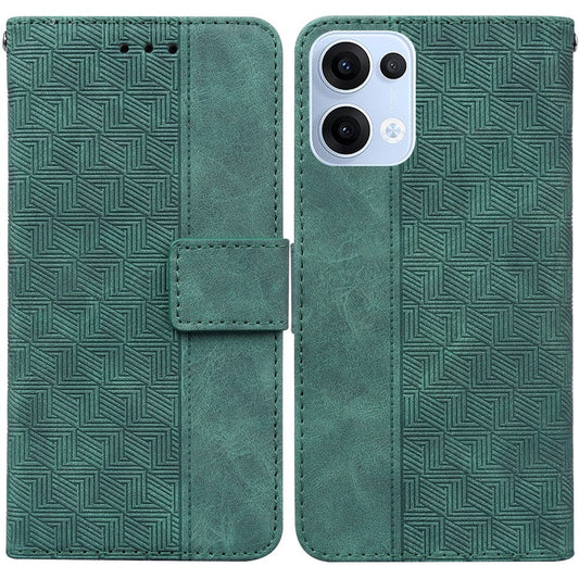 For Oppo Reno13 5G (Global) Case Geometry Pattern Leather Wallet Phone Cover with Wrist Strap - Green