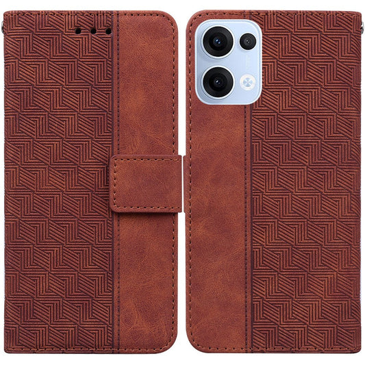 For Oppo Reno13 5G (Global) Case Geometry Pattern Leather Wallet Phone Cover with Wrist Strap - Brown