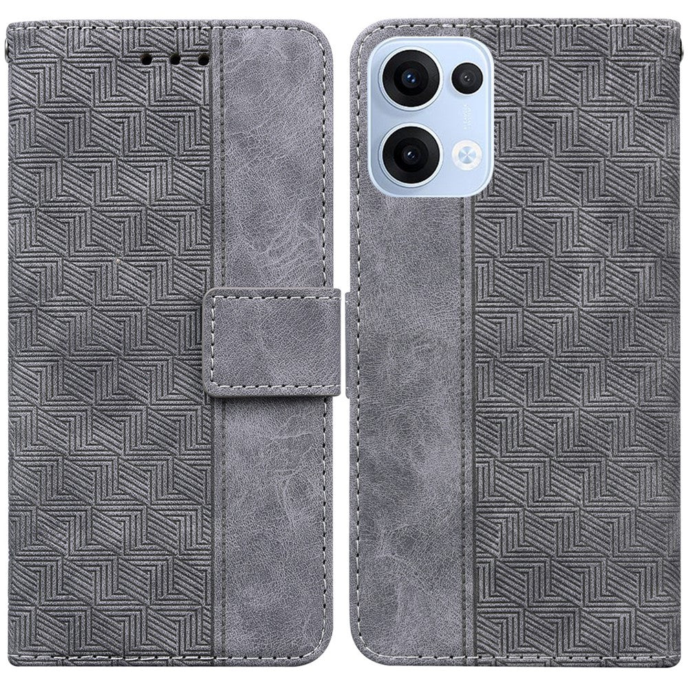 For Oppo Reno13 5G (Global) Case Geometry Pattern Leather Wallet Phone Cover with Wrist Strap - Grey