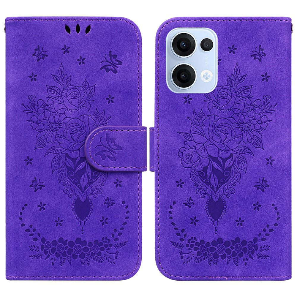 For Oppo Reno13 5G (Global) Case PU Leather Wallet Phone Cover Butterfly Flower Imprint - Purple