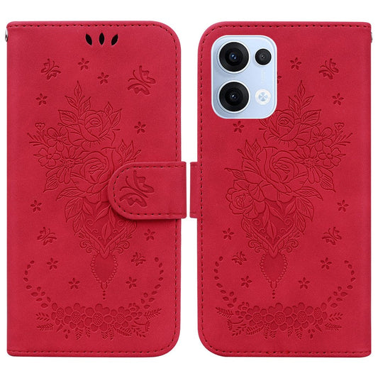 For Oppo Reno13 5G (Global) Case PU Leather Wallet Phone Cover Butterfly Flower Imprint - Red