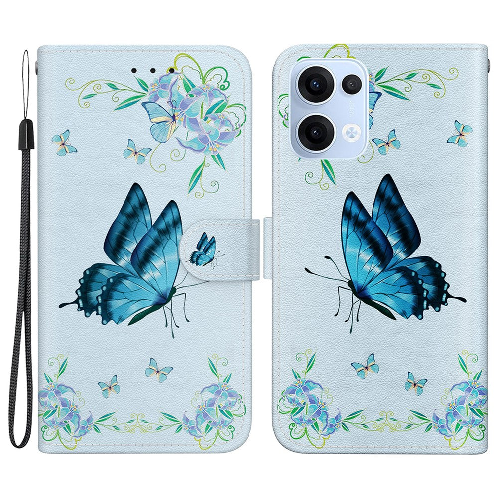For Oppo Reno13 5G (Global) Wallet Phone Case Anti-Drop Leather Flip Cover Pattern Printing - Blue Butterfly Flower