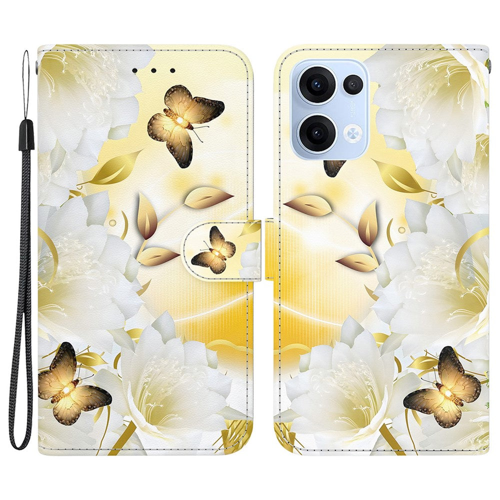 For Oppo Reno13 5G (Global) Wallet Phone Case Anti-Drop Leather Flip Cover Pattern Printing - Gold Butterfly Flower