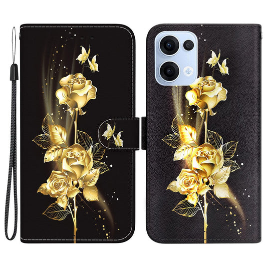 For Oppo Reno13 5G (Global) Wallet Phone Case Anti-Drop Leather Flip Cover Pattern Printing - Gold Butterfly Rose