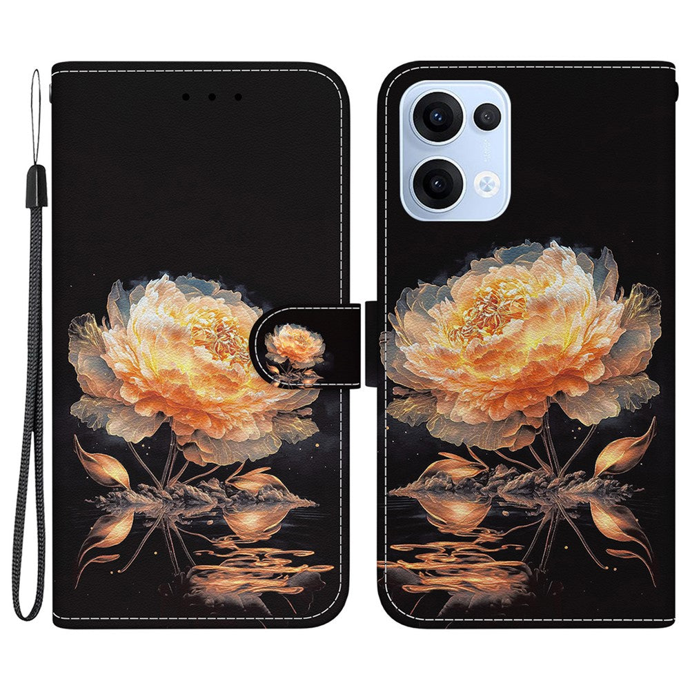 For Oppo Reno13 5G (Global) Wallet Phone Case Anti-Drop Leather Flip Cover Pattern Printing - Gold Peony
