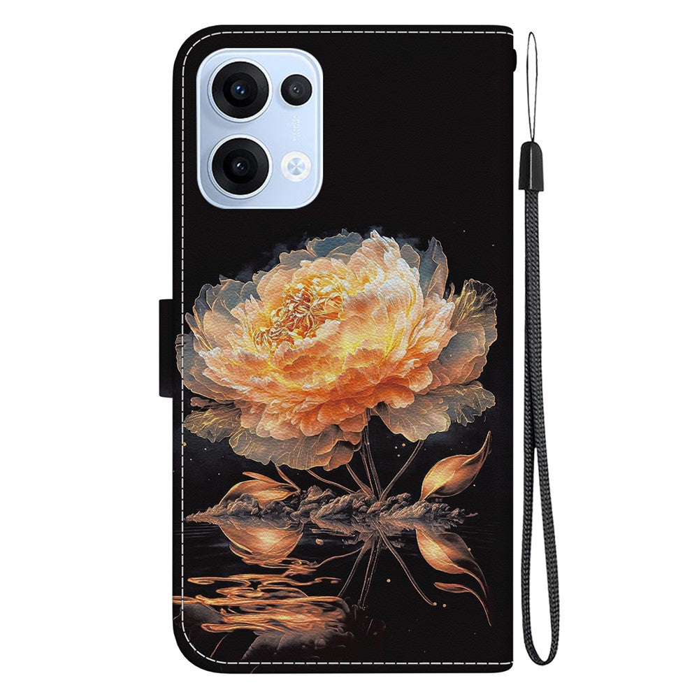 For Oppo Reno13 5G (Global) Wallet Phone Case Anti-Drop Leather Flip Cover Pattern Printing - Gold Peony