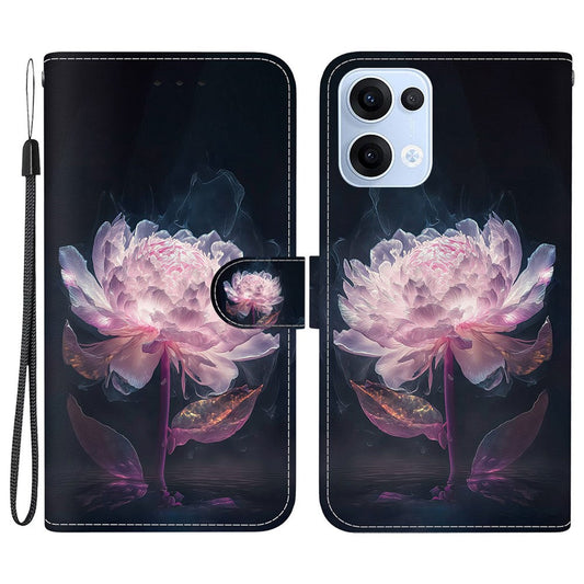 For Oppo Reno13 5G (Global) Wallet Phone Case Anti-Drop Leather Flip Cover Pattern Printing - Purple Peony