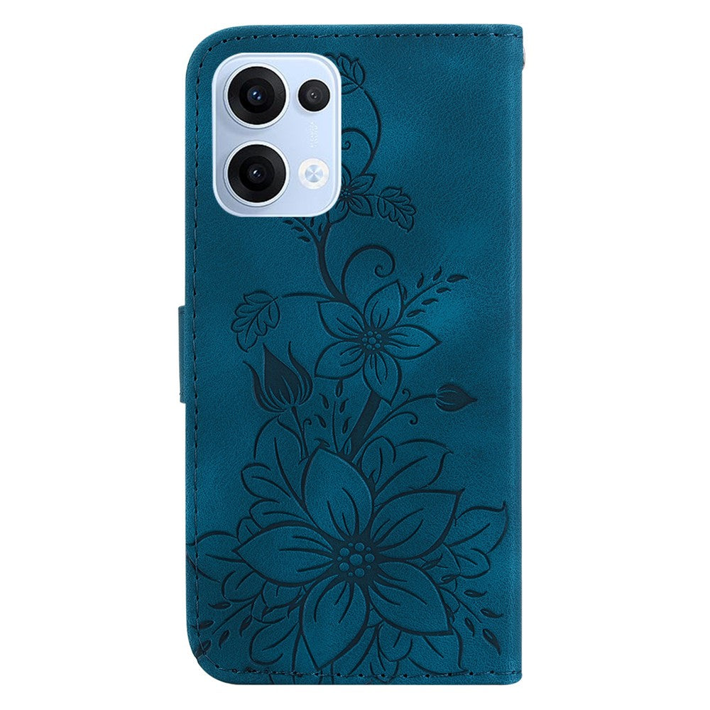 For Oppo Reno13 5G (Global) Case Lily Flower Imprint Leather Phone Cover with Stand - Dark Blue