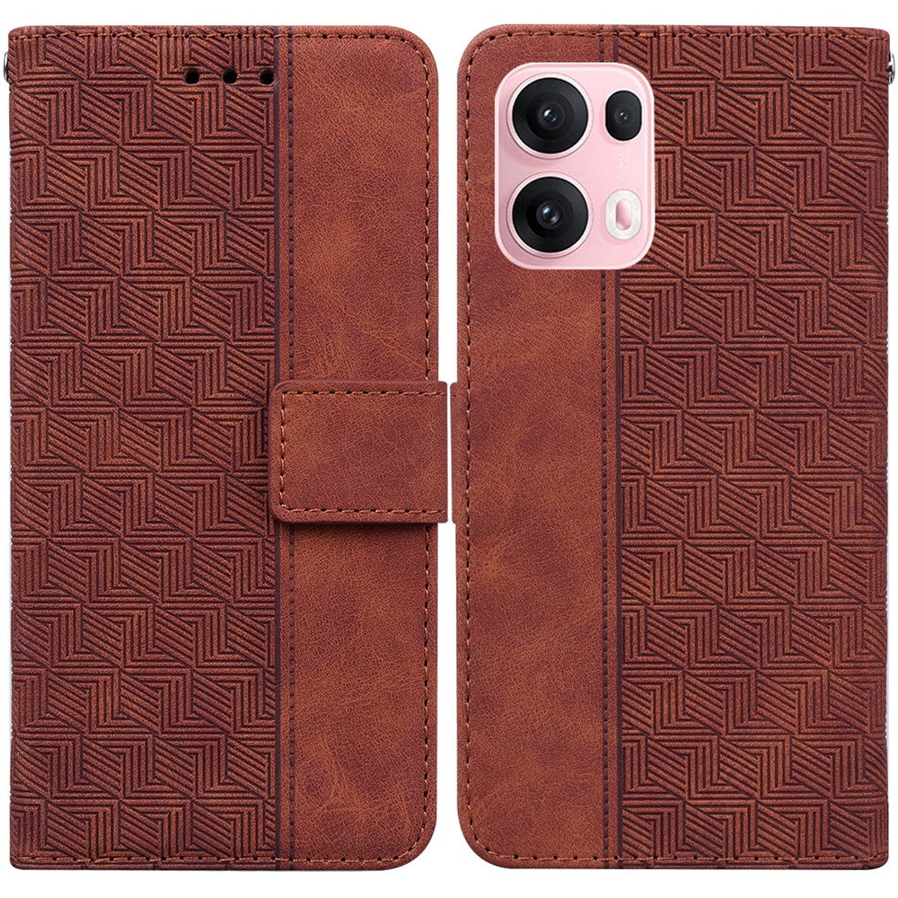 For Oppo Reno13 Pro 5G Case Geometry Pattern Leather Wallet Phone Cover with Wrist Strap - Brown