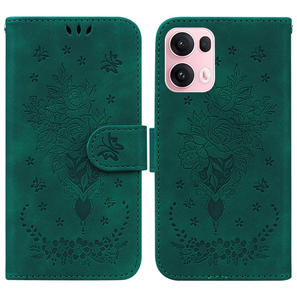 For Oppo Reno13 Pro 5G Case PU Leather Wallet Phone Cover Butterfly Flower Imprint - Green