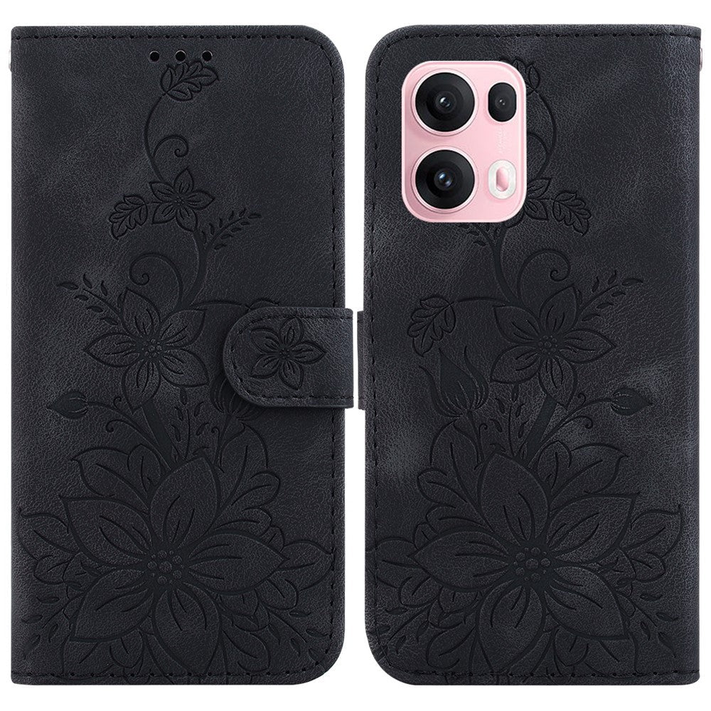 For Oppo Reno13 Pro 5G Case Lily Flower Imprint Leather Phone Cover with Stand - Black