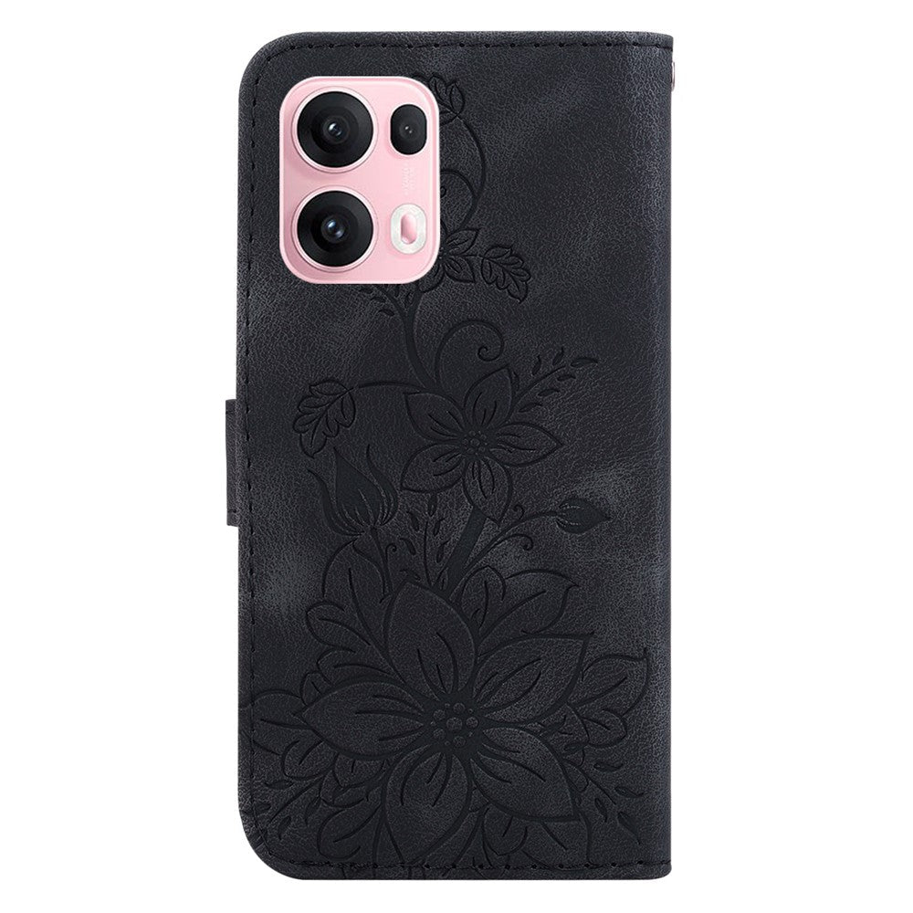 For Oppo Reno13 Pro 5G Case Lily Flower Imprint Leather Phone Cover with Stand - Black