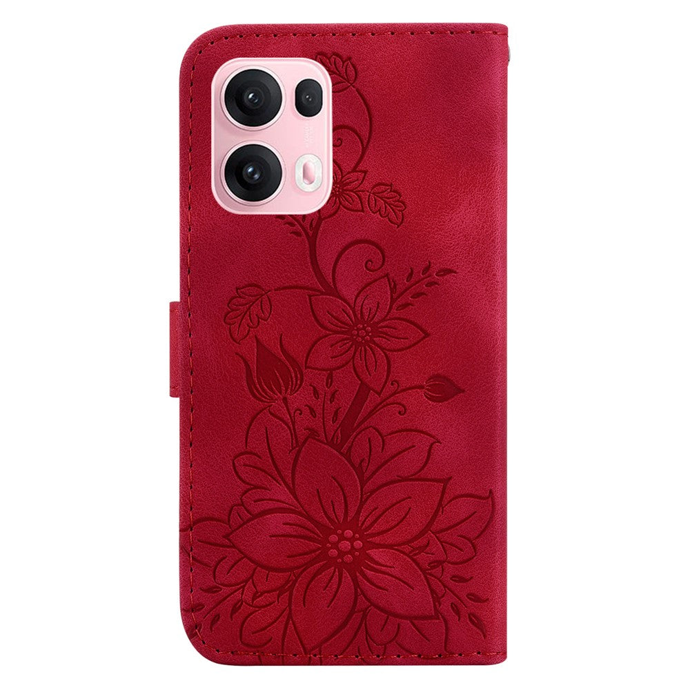 For Oppo Reno13 Pro 5G Case Lily Flower Imprint Leather Phone Cover with Stand - Red