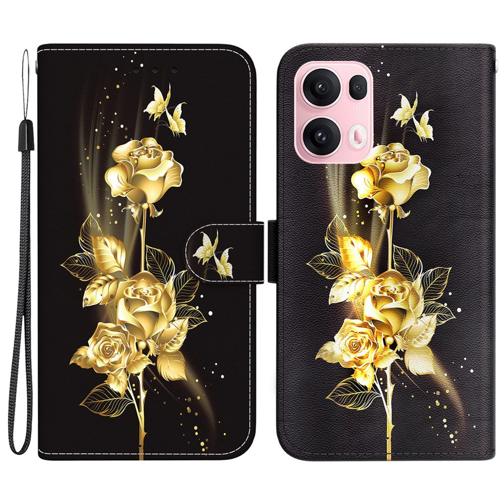 For Oppo Reno13 Pro 5G Wallet Phone Case Anti-Drop Leather Flip Cover Pattern Printing - Gold Butterfly Rose